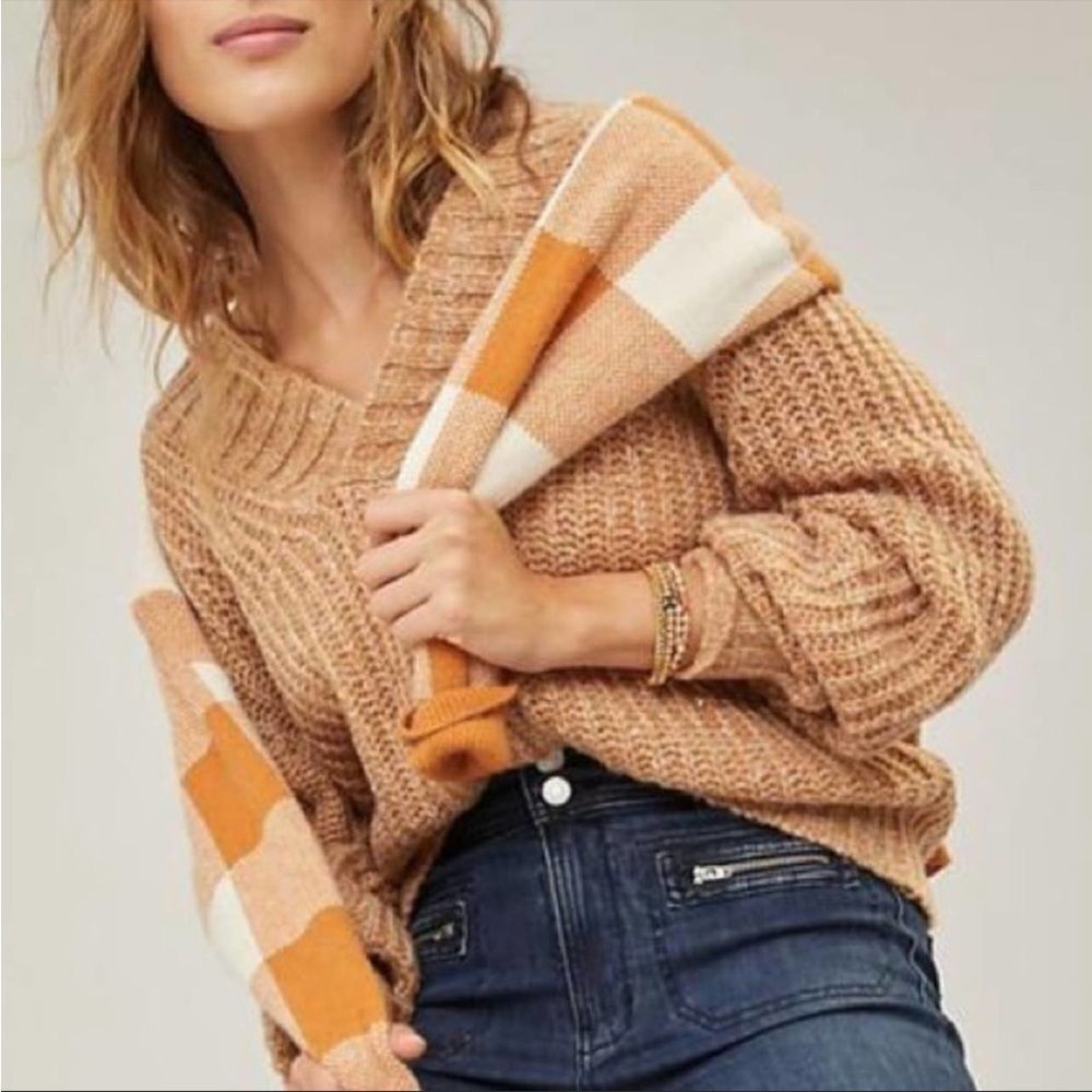 Anthropologie Honore Ribbed V Neck Chunky Knit Wool Sweater in Honey Sz XSP